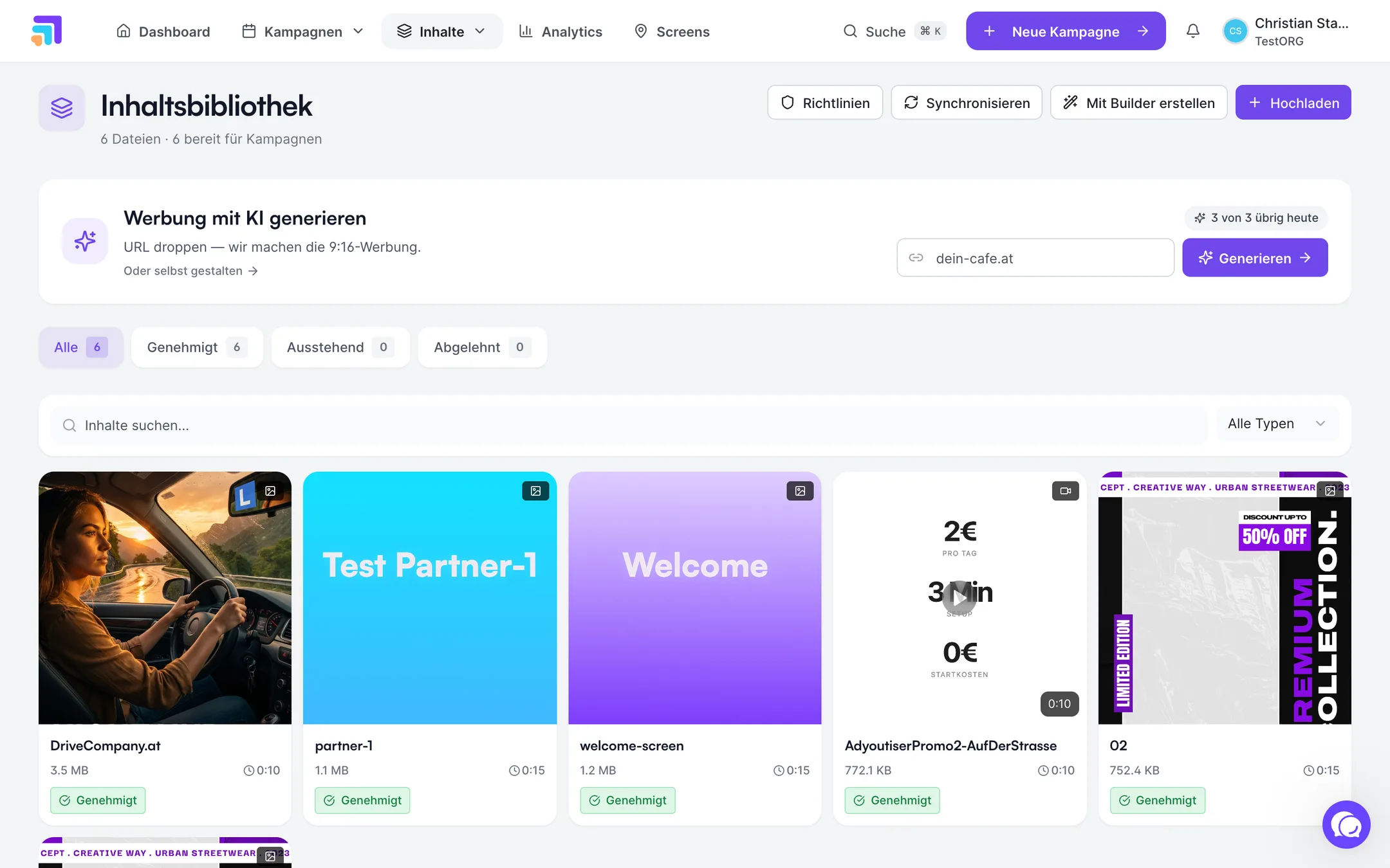 Content library with the filters All, Approved, Pending, Rejected and a status badge on every creative