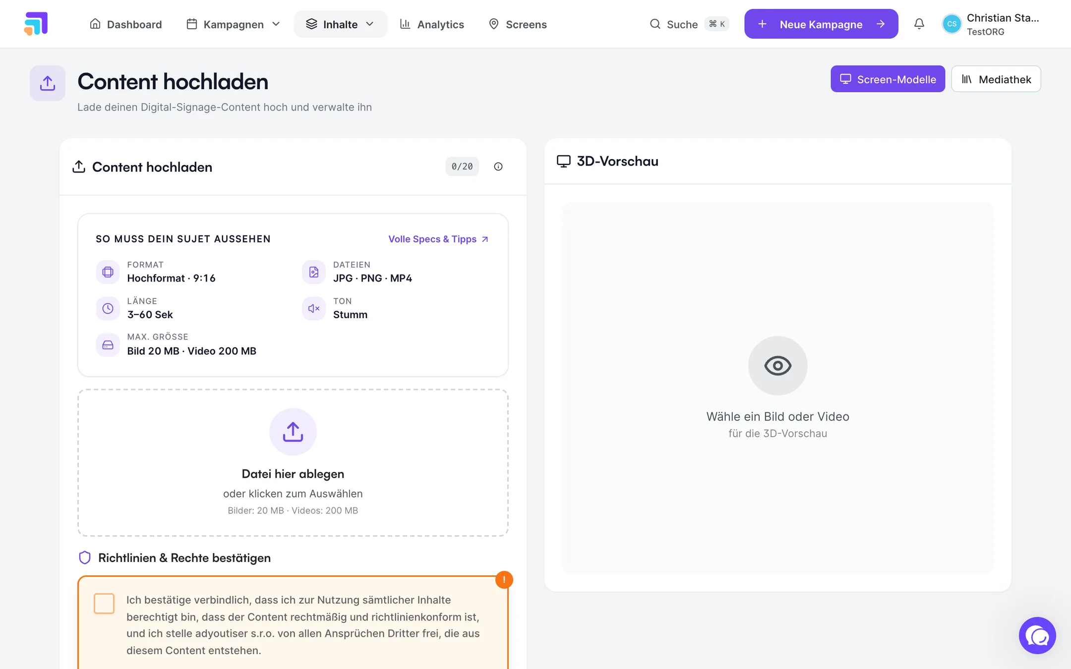 Upload page with drop zone, the creative specs card and the rights confirmation
