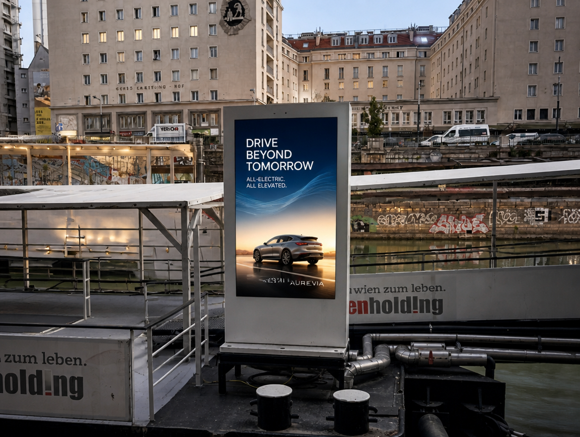 Franz-Josefs-Kai · Donaukanal Wien DOOH Screen — Restaurant-Kontext für Touristen