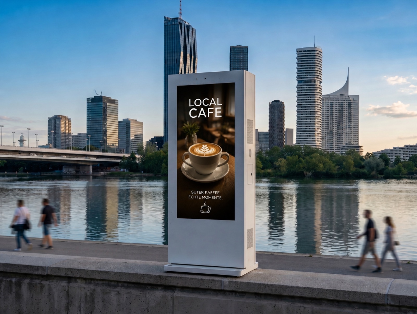 Urban Brew café ad running on a vertical DOOH totem on a Vienna street at night